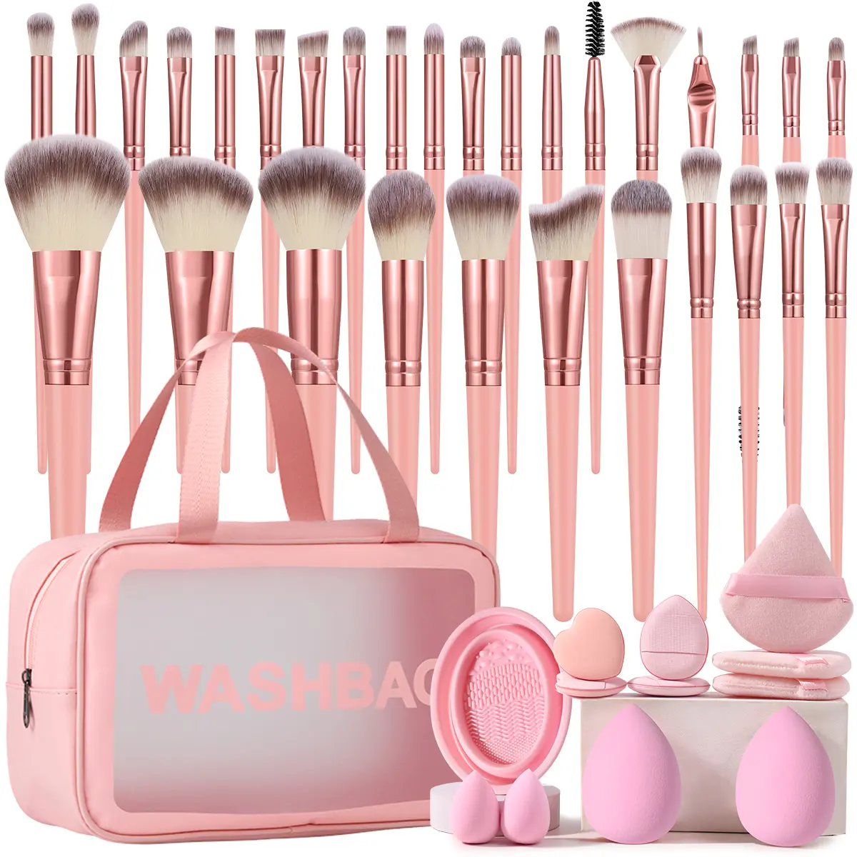 43PCS All-in-One Makeup Tools Set, Waterproof Multi-Functional Zipper Cosmetic Bag, 30PCS Professional Makeup Brushes, Makeup Sponges, Mini Sponges, Triangle & Mini Air Cushion Powder Puffs with Makeup Brush Cleaning Tool, Portable Travel Beauty Kit