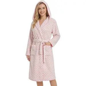 PJGGZ Checkered Hooded Bathrobe for Women, Lightweight Microfiber Towel Material Quick Dry Soft Absorbent Y2K Trendy Robe