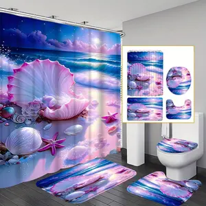 New Charming Seashell & Pearl Bathroom Set - 4pc Shower Curtain & Mat Ensemble with Rustproof Hooks - Modern Home Decor Perfect Gift Idea