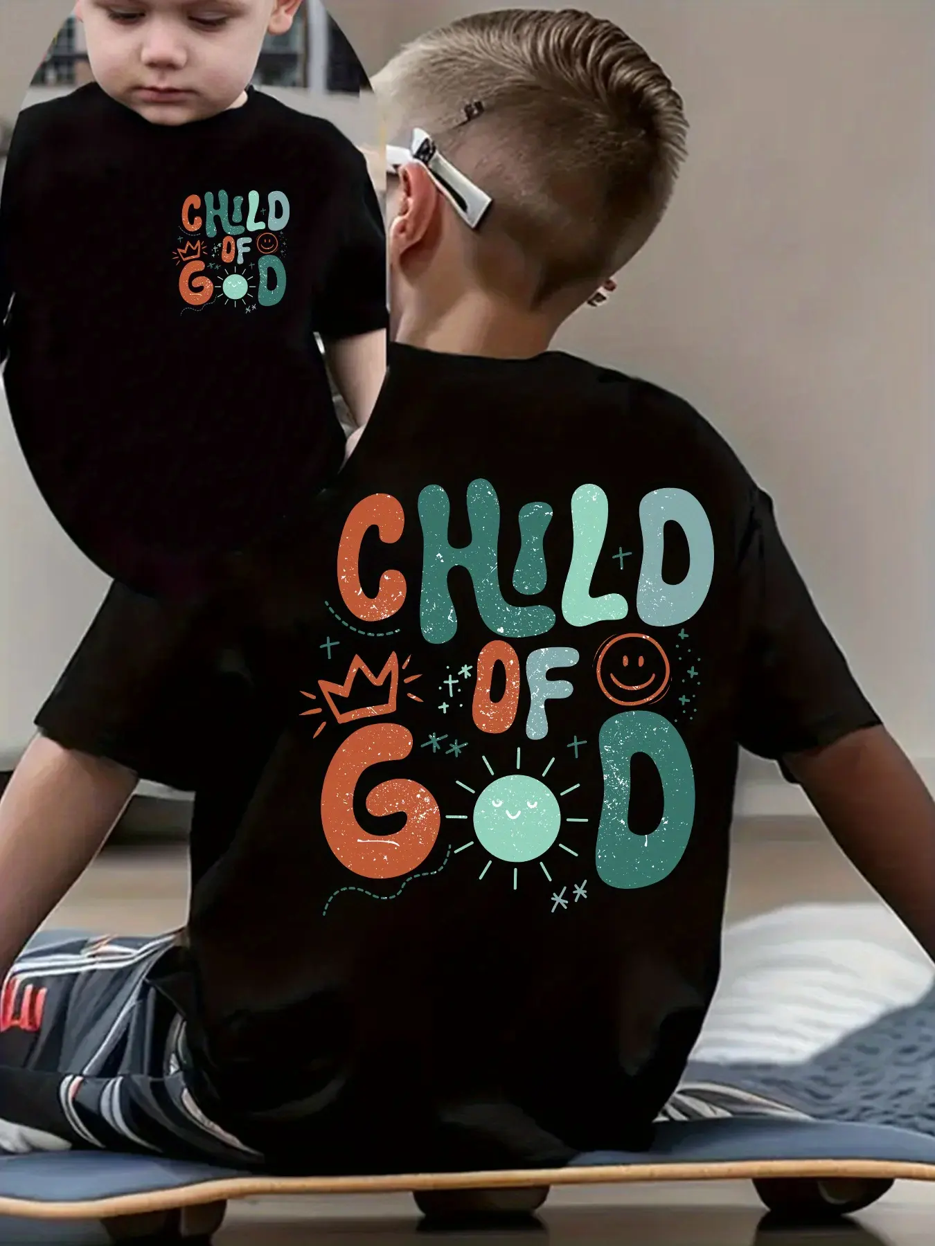 PUEMCO Boys Short‑Sleeve T‑Shirt, Child Of God Double‑Sided Print Crown Sun Smile Cross Retro Faith Graphic Toddler Boys Crew Neck Casual Tee
