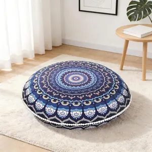 32 Inch Round Floor Pillow for Adults, Large Thick Memory Foam Boho Mandala Meditation Floor Seating Cushion, Machine Washable for Living Room Outdoor Yoga Sitting, Navy Blue
