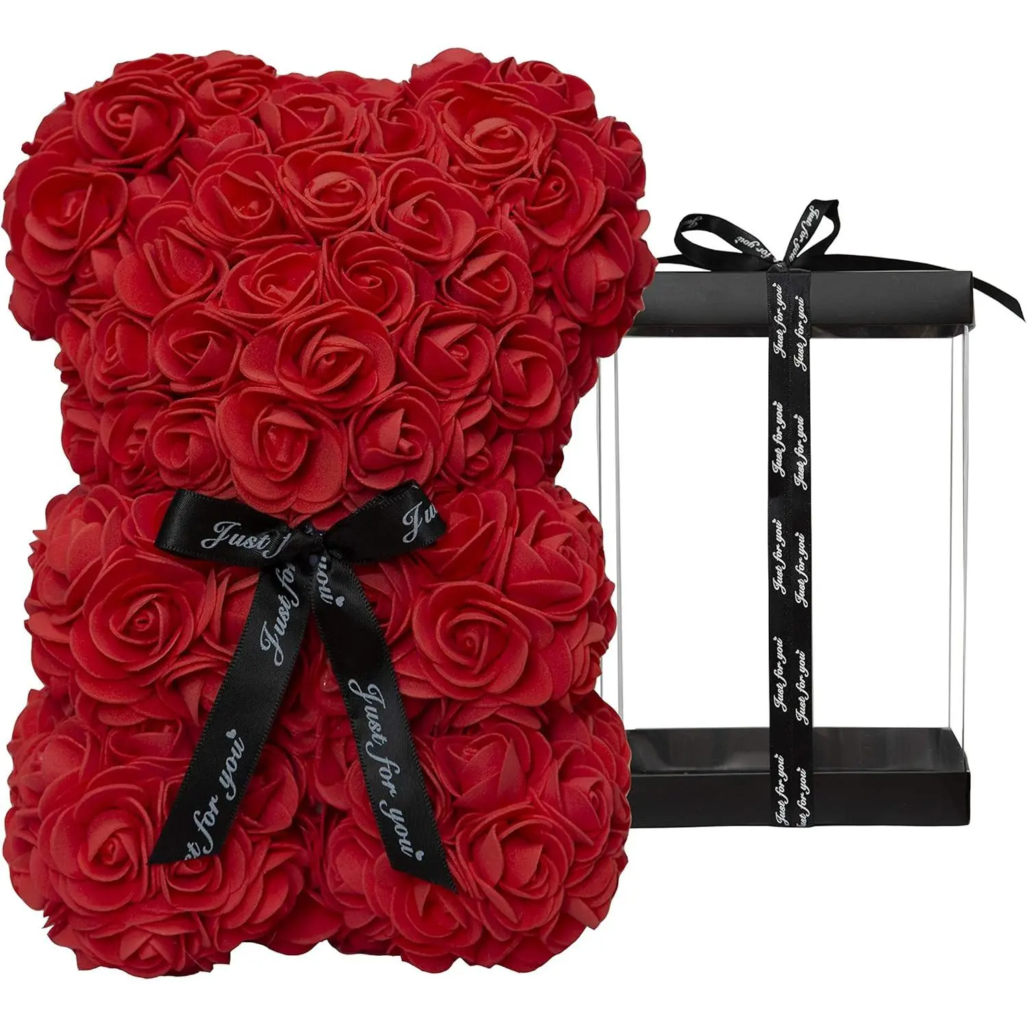 Rose Bear Rose Teddy Bear Flower  Black Box for Valentines Day Anniversary Mothers Day Christmas,Birthdays Bridal Showers -Fully Handmade 10 inch Flower Bear Clear   Box (Red)