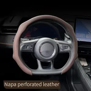 Nappa Leather 5D Steering Wheel Cover Ultra-Thin Quick Turn Non-Slip Breathable All-Season Use for Modern Drivers with Red Stitching Automotive universal fit