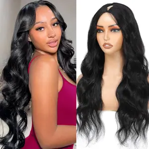 V-Part Black Body Wave Synthetic Wig | Long Loose Curly Half Wig | Natural Glueless No Lace V Part Wig