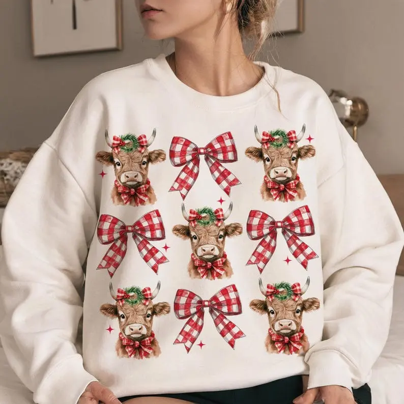 Christmas Cow Sweatshirt TShirt Hoodie, Christmas Coquette Highland Cow Sweatshirt, Western Christmas T-Shirt, Cute Cow Holiday Sweater, Buffalo Plaid Bow Cow Sweater, Festive Cow Print , Holiday Cow Sweatshirt With Plaid Bows, Christmas Gifts