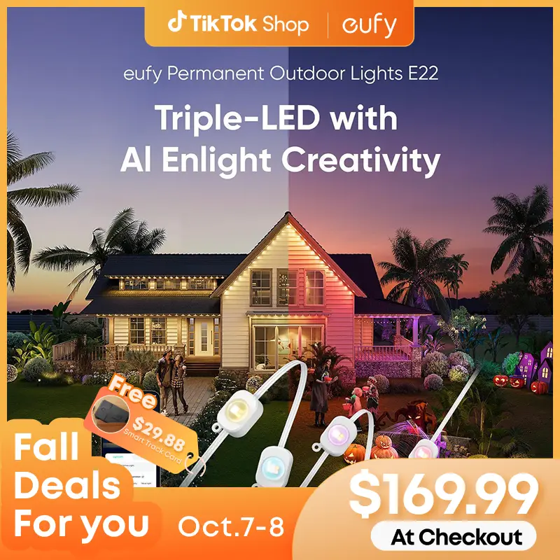 【Special Bundle】eufy Permanent Outdoor Lights E22, 100ft with 60 Triple-LED Lights, Smart RGBWW for Christmas, Daily and Holiday, IP67 Waterproof, AI