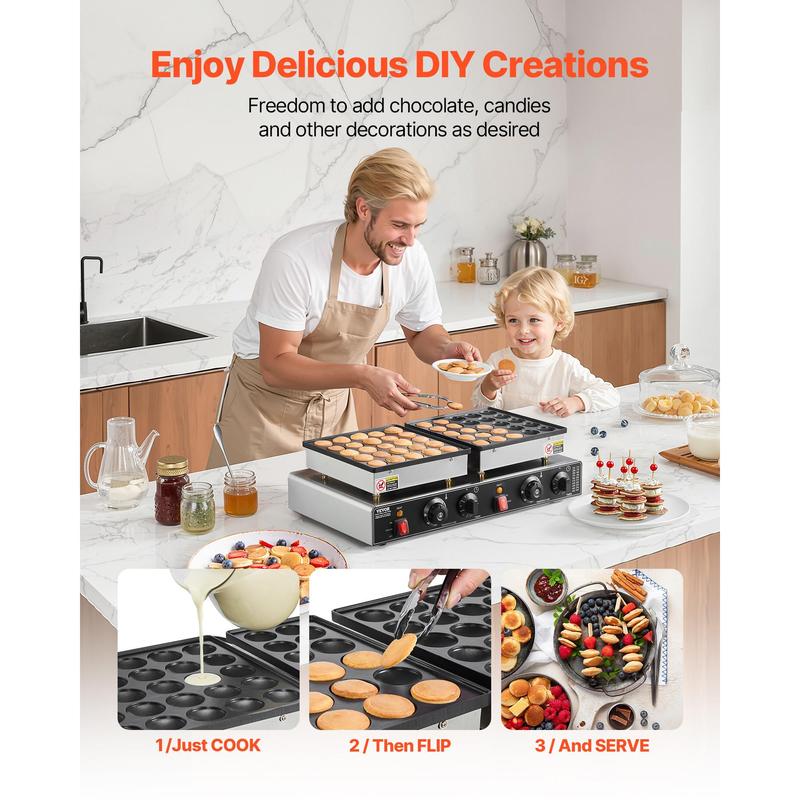 VEVOR 50PCS Mini Dutch Pancake Maker, Non-stick Stainless Steel Dorayaki Baker, 1800W Commercial Electric Poffertjes Grill Pan, Dual Temp & Time Control, for Kitchen Restaurant Breakfast Dessert