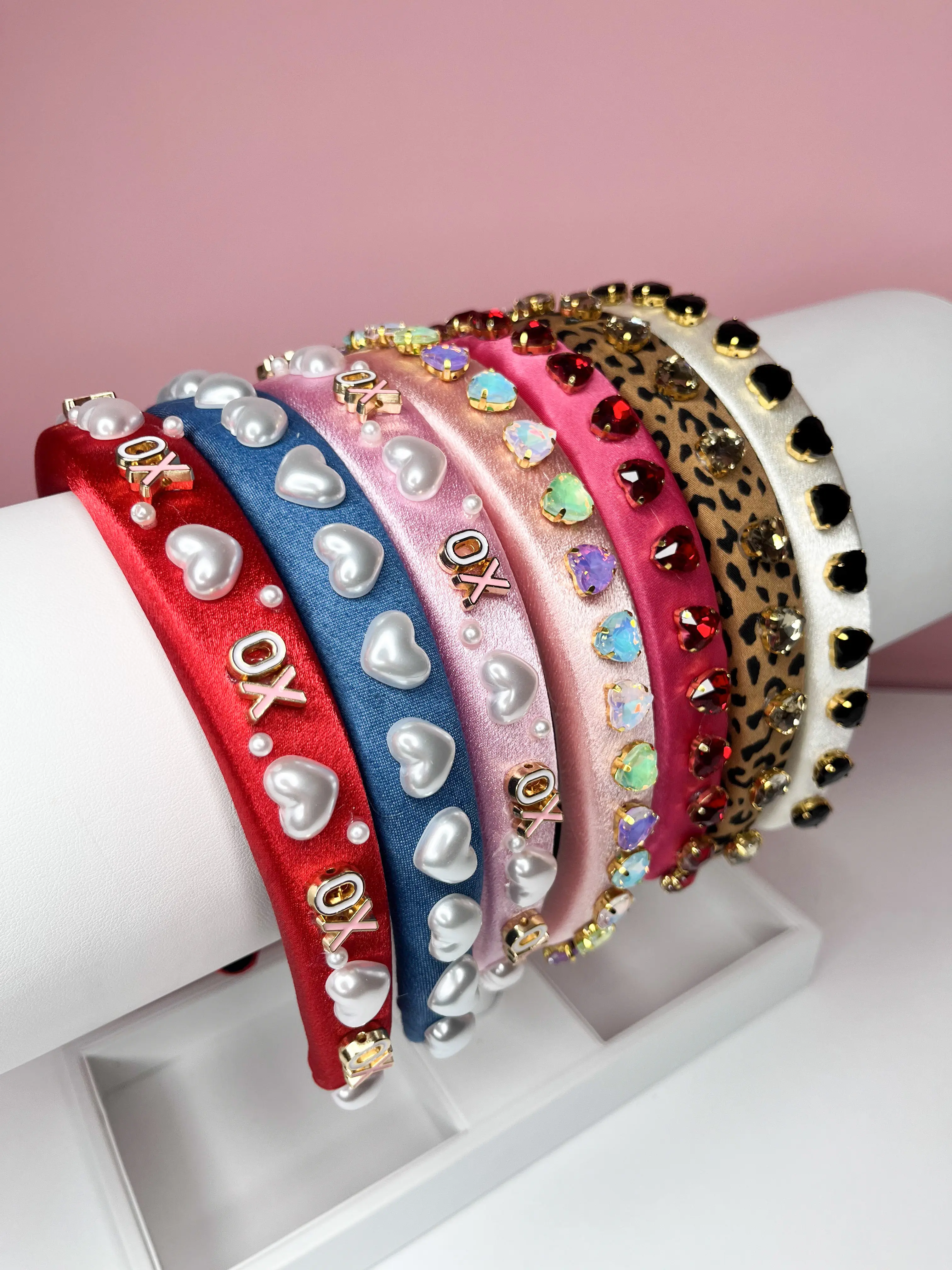 XO Heart Slim Headbands – Thin Sparkly Hair Accessories, Pink, Red & Leopard Styles
