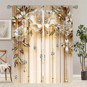 2 pieces of high-definition digital printing floral decorative curtains, Window curtain, semi-transparent privacy protection, fade-resistant, hand/machine-washable, suitable for bedroom and living room decoratio