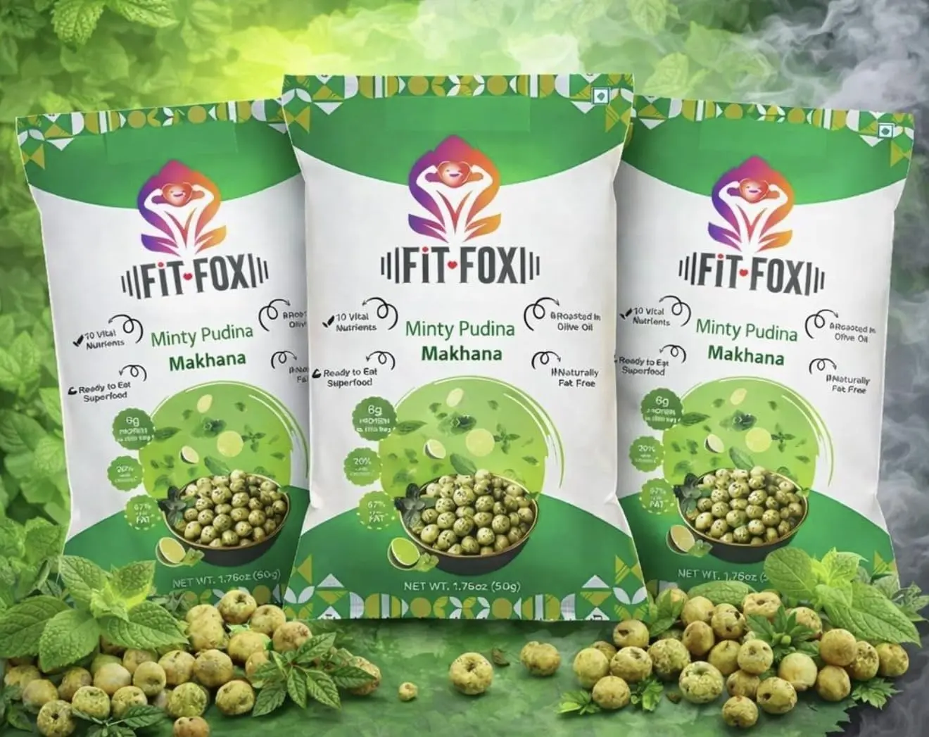 FiT FOX Minty Pudina Makhana, Pack of 3, Roasted Lotus Seeds Superfood Snack, 50g, High Protein, Naturally Fat Free, 10 Vital Nutrients