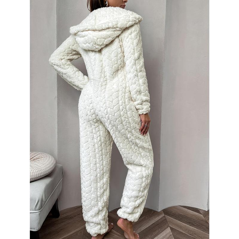 Women's SolidZipper Hooded Plush Pajama Jumpsuit, Casual Long Sleeve  Design Jumpsuit for Fall & Winter, Women's Sleepwear for Indoor Wear, Fluffy Lady Pajamas