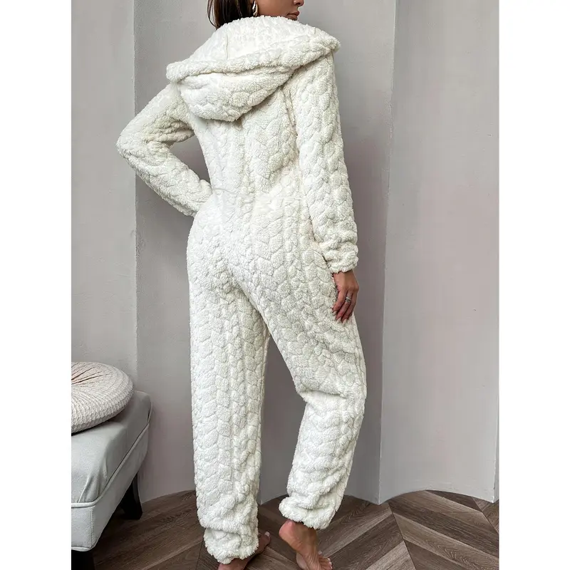 Women's SolidZipper Hooded Plush Pajama Jumpsuit, Casual Long Sleeve  Design Jumpsuit for Fall & Winter, Women's Sleepwear for Indoor Wear, Fluffy Lady Pajamas