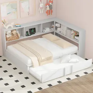 Full Size Daybed with Trundle & Bookcase, Metal L Shaped Daybed with USB Ports and Storage Headboard, Full Corner Bed with Metal Slats Support, White