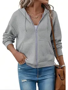 Women's Hooded Adjustable Drawstring Long Sleeve Sporty Casual Fitted Zipper Jacket Coat, Stylish Outerwear for Everyday Wear, Comfortable and Trendy Design, Womenswear