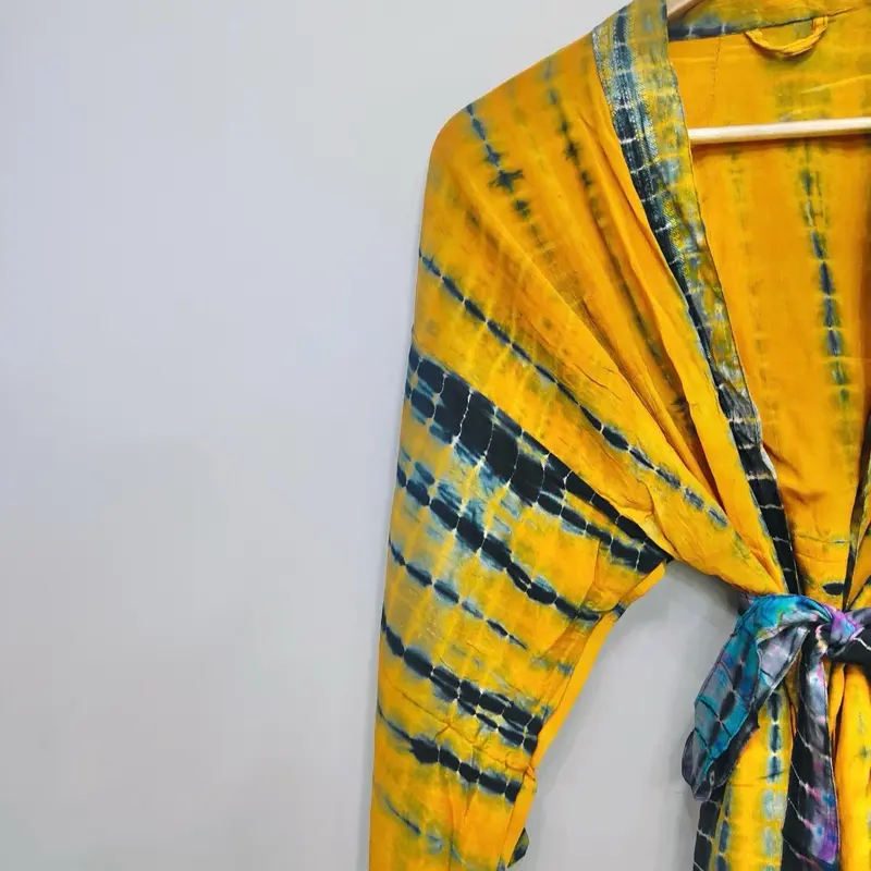 Palatial Loungewear Silk Kimono with Pockets and Belt Sunflower Colorful Handmade in India Hipster Length Temple Lifestyle
