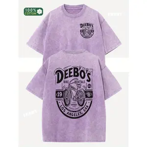 DEEBOS letter bicycle print pure cotton, oversize shoulder retro street basics loose hip-hop men's and women's tops Autumn summer do old washed T-shirt Short sleeve round neck T-shirt graphic tees