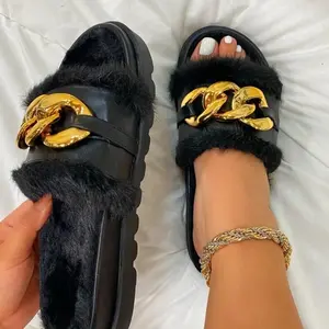 Fluffy Slip-On Slippers With Gold Chain Decor, Lightweight Luxurious Fashion Versatile Cute Fuzzy Flat Sandals For Indoor & Outdoor Wear