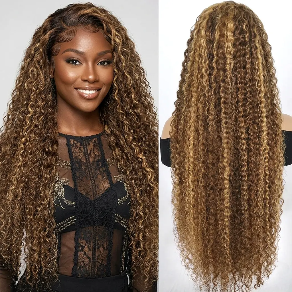 [30 Inch only $109] Honey Blonde Ombre Highlight 13x6 Deep Wave Lace Front Wigs Human Hair Wet and Wavy 13x6 HD Full Frontal Lace Frontal Wigs Pre Plucked #4/27 Colored Curly Human Hair Wig for Women
