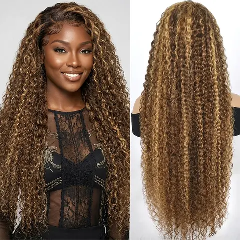 [30 Inch only $115] Honey Blonde Ombre Highlight 13x6 Deep Wave Lace Front Wigs Human Hair Wet and Wavy 13x6 HD Full Frontal Lace Frontal Wigs Pre Plucked #4/27 Colored Curly Human Hair Wig for Women