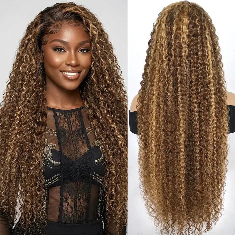 [30 Inch only $115] Honey Blonde Ombre Highlight 13x6 Deep Wave Lace Front Wigs Human Hair Wet and Wavy 13x6 HD Full Frontal Lace Frontal Wigs Pre Plucked #4/27 Colored Curly Human Hair Wig for Women