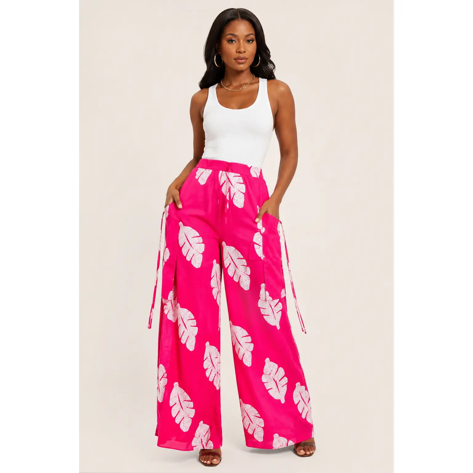Hot Pink Ankara Palazzo Cargo Pants – Lightweight African Print Wide-Leg Pants