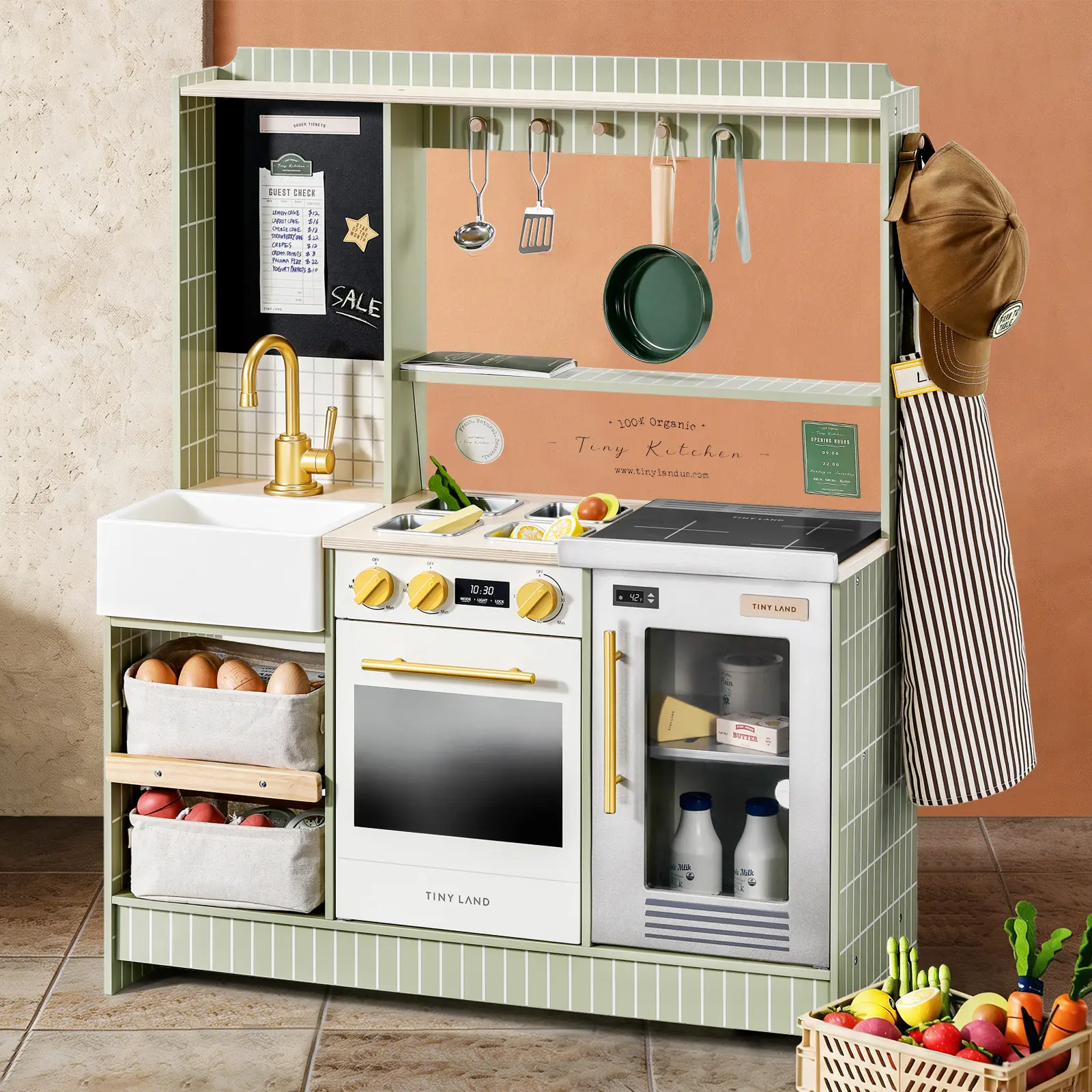 Tiny Land 2-in-1 Kids Play Kitchen & Bistro Set with Storage, 23 Accessories