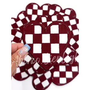 Maroon Checkered Heart Embroidery Patch