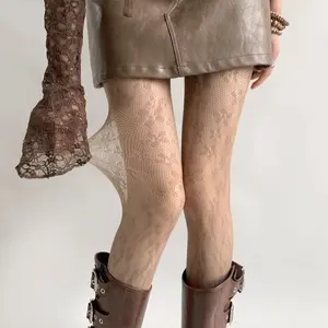 2026 Women's New Lace Petal Mesh Hollow Pantyhose Thin Lolita Stockings with Boots Retro Brown