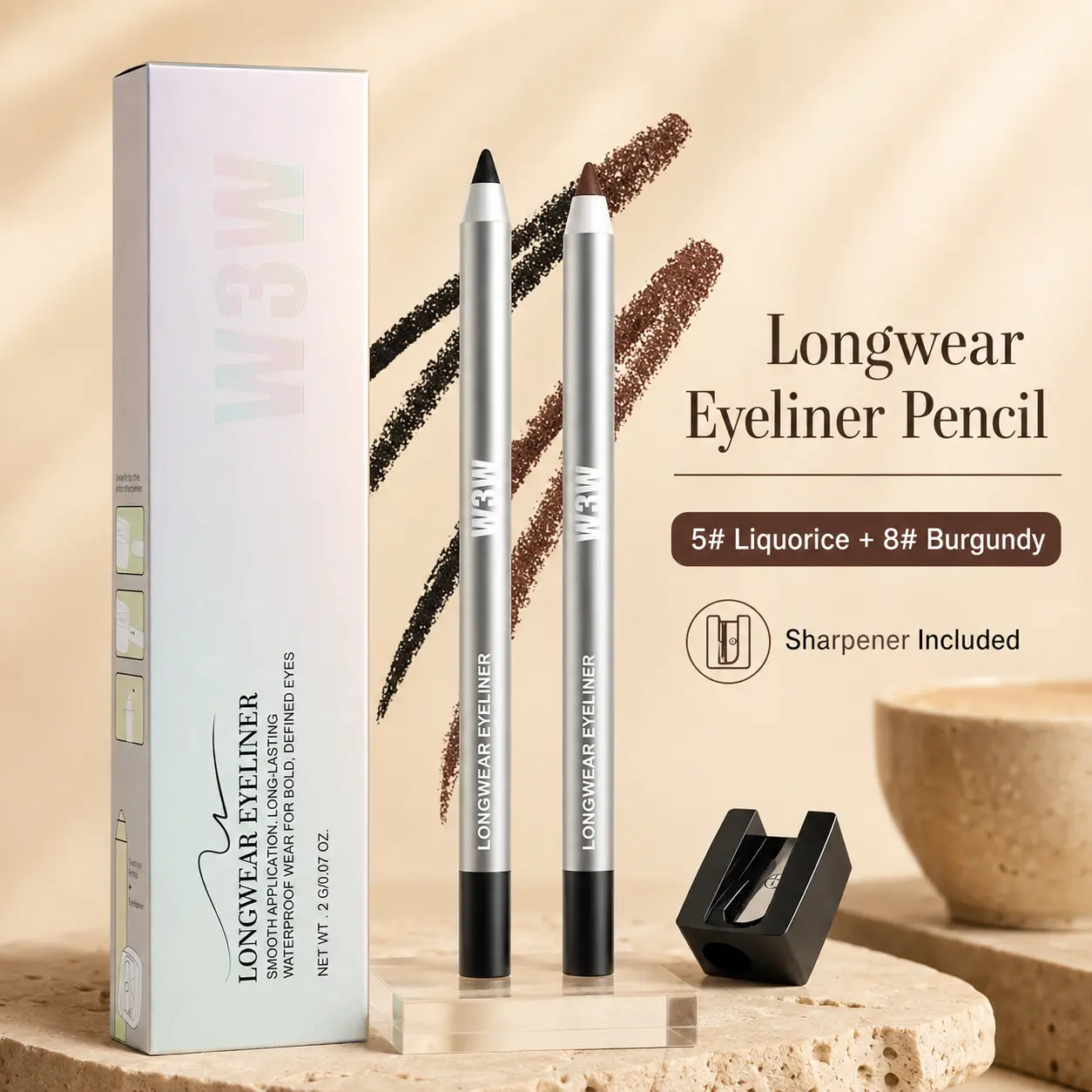 2-Pack Waterproof Eyeliner Pencil Set, Liquorice Black & Burgundy, Longwear Sharpenable Eye Liner with 2 Sharpeners, Smooth Application for Soft Glam, Everyday Makeup, Date Night & Travel
