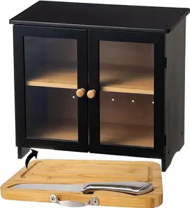 NEW LuvURkitchen Large Black Bread Box for Kitchen Countertop, Comes with Thick Bamboo Cutting Board and Stainless Steel Bread Knife. Rustic Bamboo Bread Box with Adjustable Shelf. (Easy Self-Assembly)