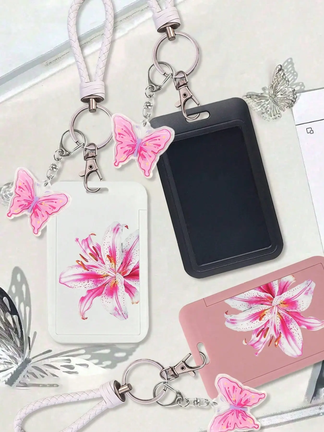 Lily pattern sliding card holder with a pink butterfly keychain, detachable lanyard, suitable for school-use ID/badge card holder, suitable for Valentine's Day ID/pass card, suitable for student ID, Versatile Use, Gift Idea