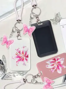 Lily pattern sliding card holder with a pink butterfly keychain, detachable lanyard, suitable for school-use ID/badge card holder, suitable for Valentine's Day ID/pass card, suitable for student ID, Versatile Use, Gift Idea