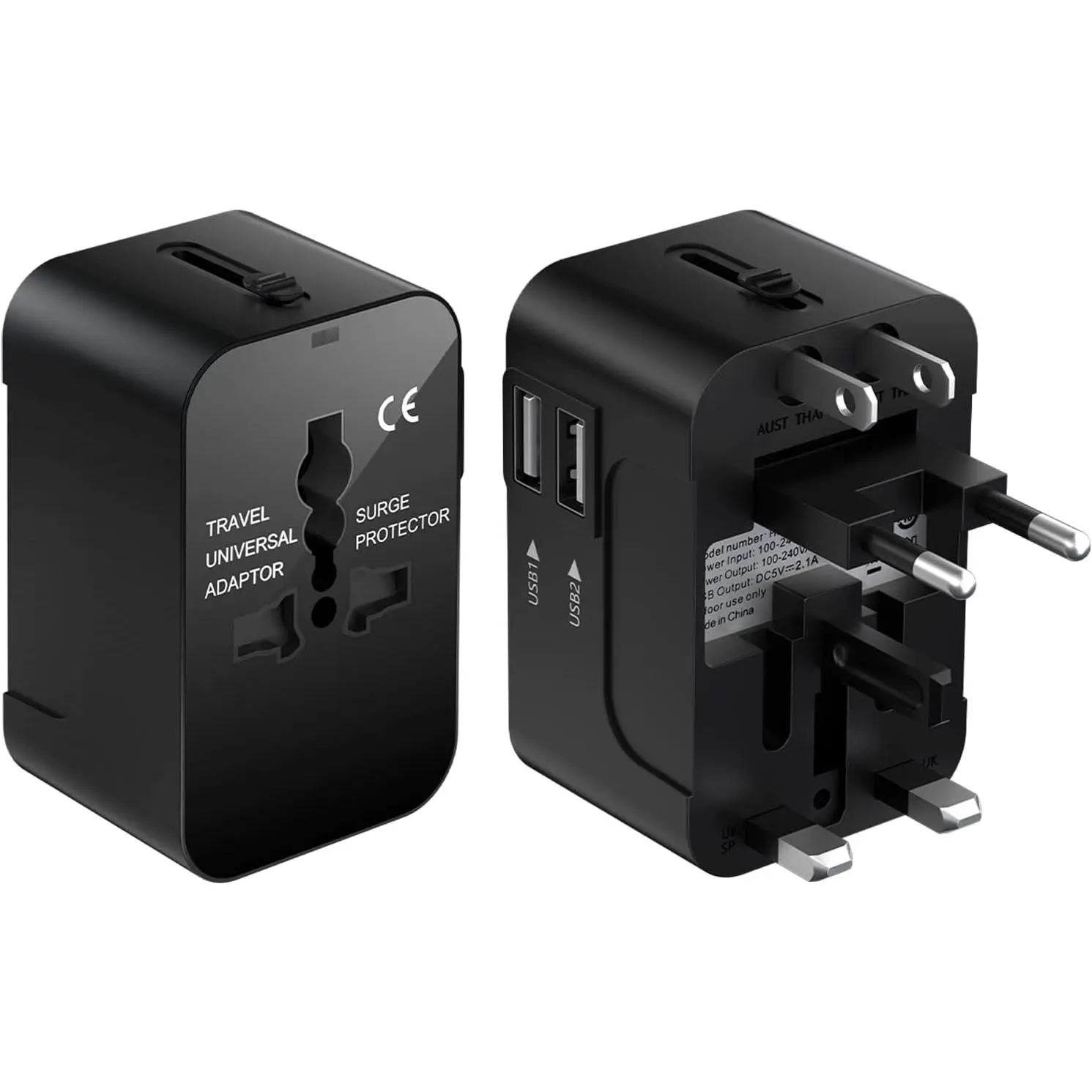 Universal Travel Adapter with Fast Charge,Worldwide Travel Plug Adapter with 2 USB Port and AC Socket (Travel Adapter Black)