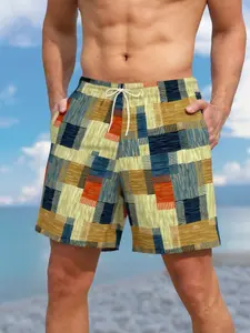 Men's Colorblock Plaid Beach Pants, Summer Quick-Dry Loose Fit Surfing Casual Shorts, Comfortable and Stylish Swimwear for Men