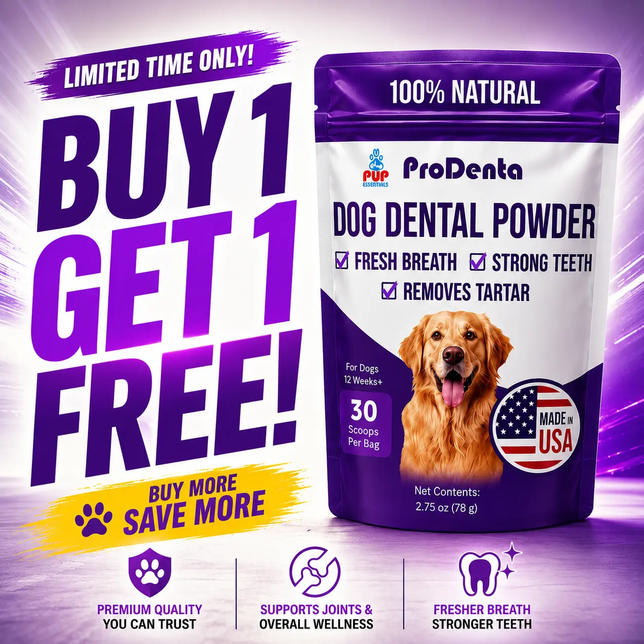 [Pup Labs] ProDenta, All-Natural Dog Teeth Cleaning Powder Against Leaky Gums, Dental Powder for Dogs Teeth and Tartar Remover - Made in USA, 30 Scoops Made In The Usa