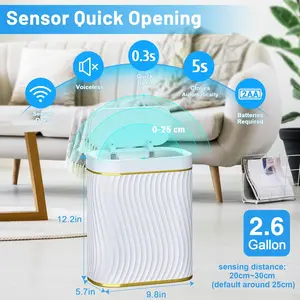 Bathroom Small Trash Can with Automatic Touchless Lid, 2.6 Gallon Smart Garbage Can Narrow Waterproof Trash Bin for Bedroom, Office, Living Room (Gold White)
