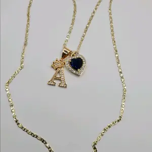 valentine's Day Gift Necklace blue heart with crown letter Gold-plated 24"inches