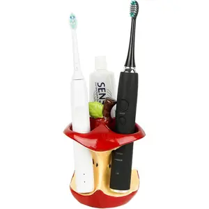 Ceramic Apple Toothbrush Holder - 3-Slot Apple Core Electric Toothbrush Organizer, Red Fruit Themed Bathroom Accessory & Vanity Decor, Unique Teacher Appreciation Gift
