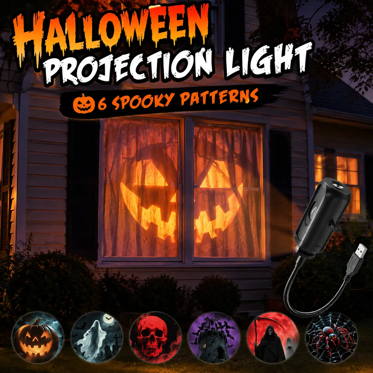 Halloween Projection Light with 6 Spooky Patterns, USB Plug-In Window Projector Light, 360° Flexible Gooseneck Halloween Projector for Curtains, Walls, Garage Doors, Indoor Outdoor Party & Haunted House Decor