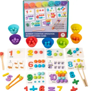 Colorful Number Learning Game with Clip Beads, Chopsticks & Spoon, Brain Training & Color Recognition Set, Ideal Birthday & Christmas Gifts Multicolor Wooden