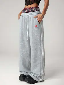 Unisex Casual Street Fashion Two-Piece Sports Pants, Knitted High Waisted Sweatpants with Elastic Waist and Drawstring, Los Angeles Pattern Design