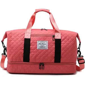 Solid Color Yoga Bag Lightweight Luggage Bag Dry Wet Separation Sports Tote Gym Bag with Independent Shoe Compartment (Checkered Rose)