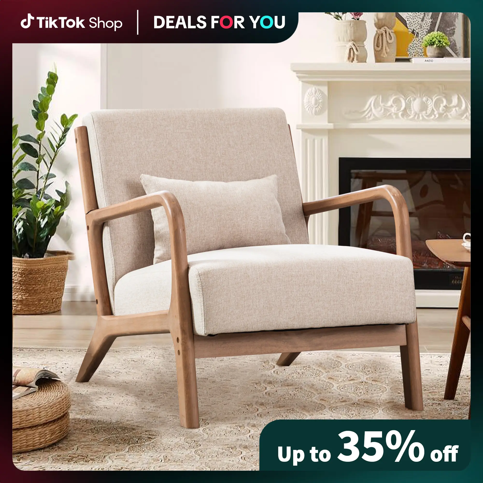 [Restock]Hertford Upholstered Linen Blend Accent Chair With Wooden Legs And One Pillow