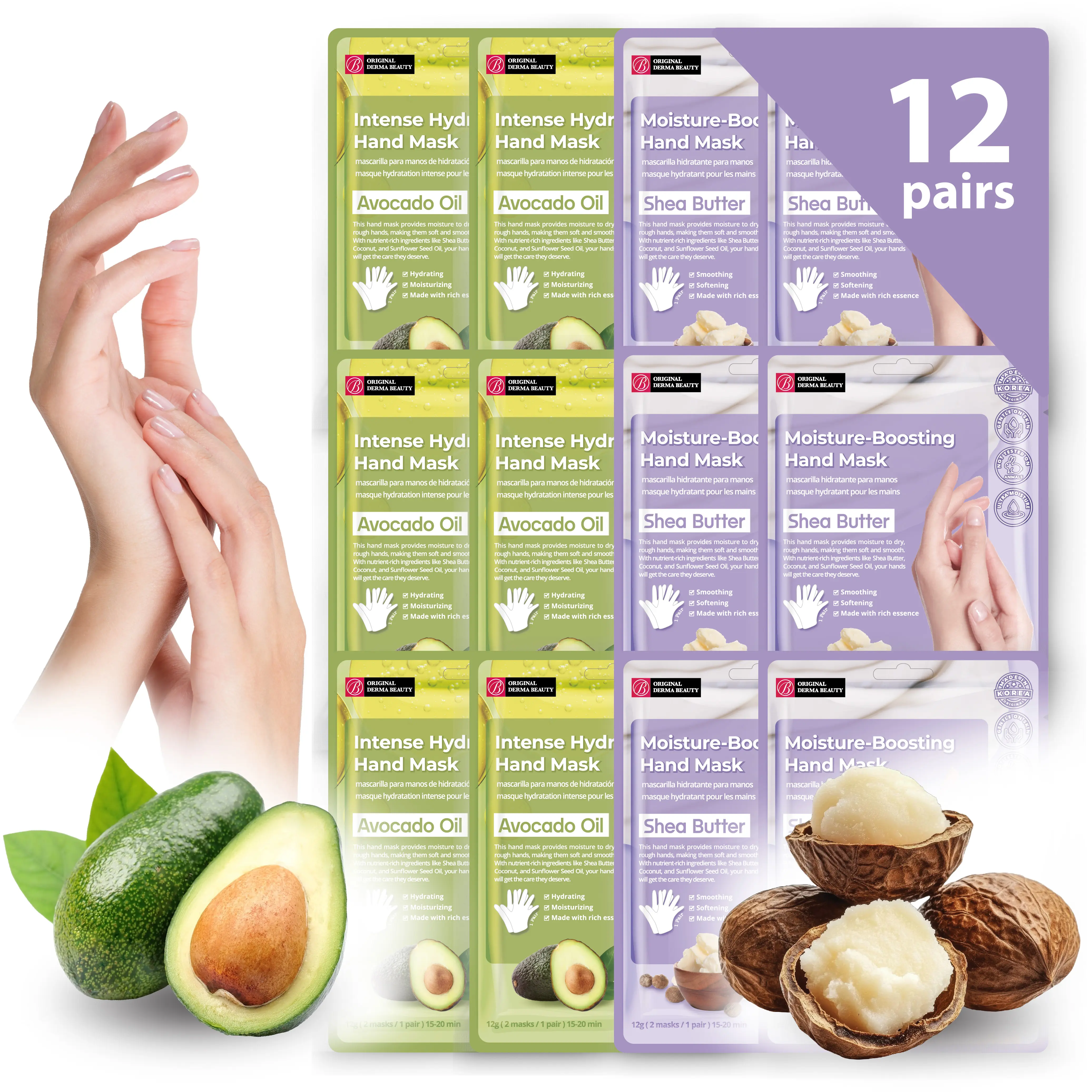 Original Derma Beauty Hand Mask Gloves with Shea Butter & Cica, Moisturizing Liquid Sheet Mask for Dry Hands, Lightweight Hydrating Treatment for All Skin Types, 6 Pairs, Tender, Hands Care