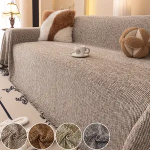 1pc Cotton Linen Fringe Edge Sofa Cover, All-Season Anti-Slip Dustproof Sofa Protector, Universal Fit Couch Sheet