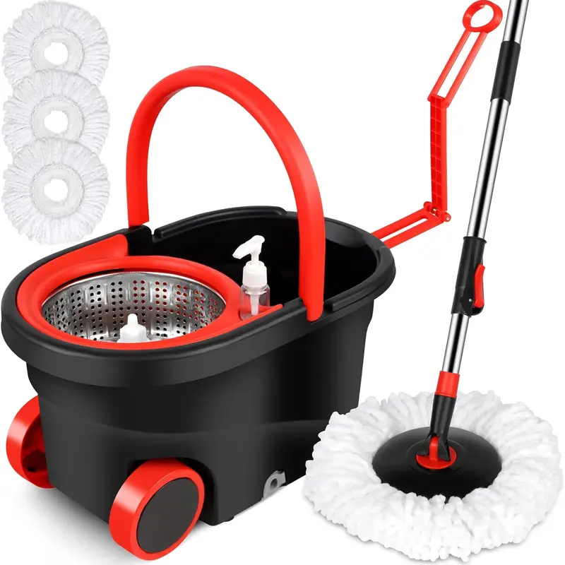 Large Spin Mop & Bucket Set with Wheels – 3 Microfiber Heads, Telescopic Stainless Steel Handle, Heavy-Duty Stainless Steel Wringer – Premium Home Cleaning Tool High Quality Durability Rotating Plastic