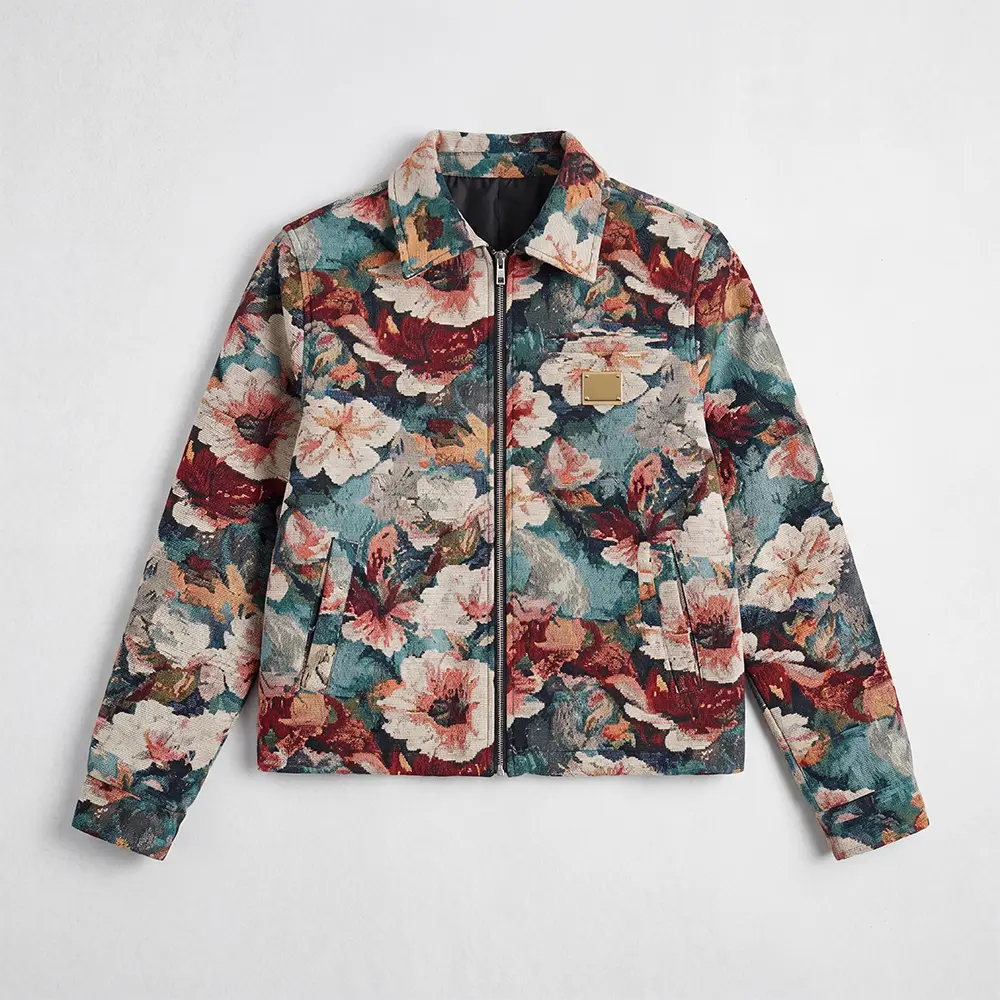 Men's Jacquard Jacket, Elegant Vintage Oil Painting Floral Print, Long Sleeve Casual Top with Zipper for Party, Menswear, Coats, Longsleeves, Aesthetic, Classic, Single Pack, Thanksgiving, Easter, Valentines Day, Retro Style