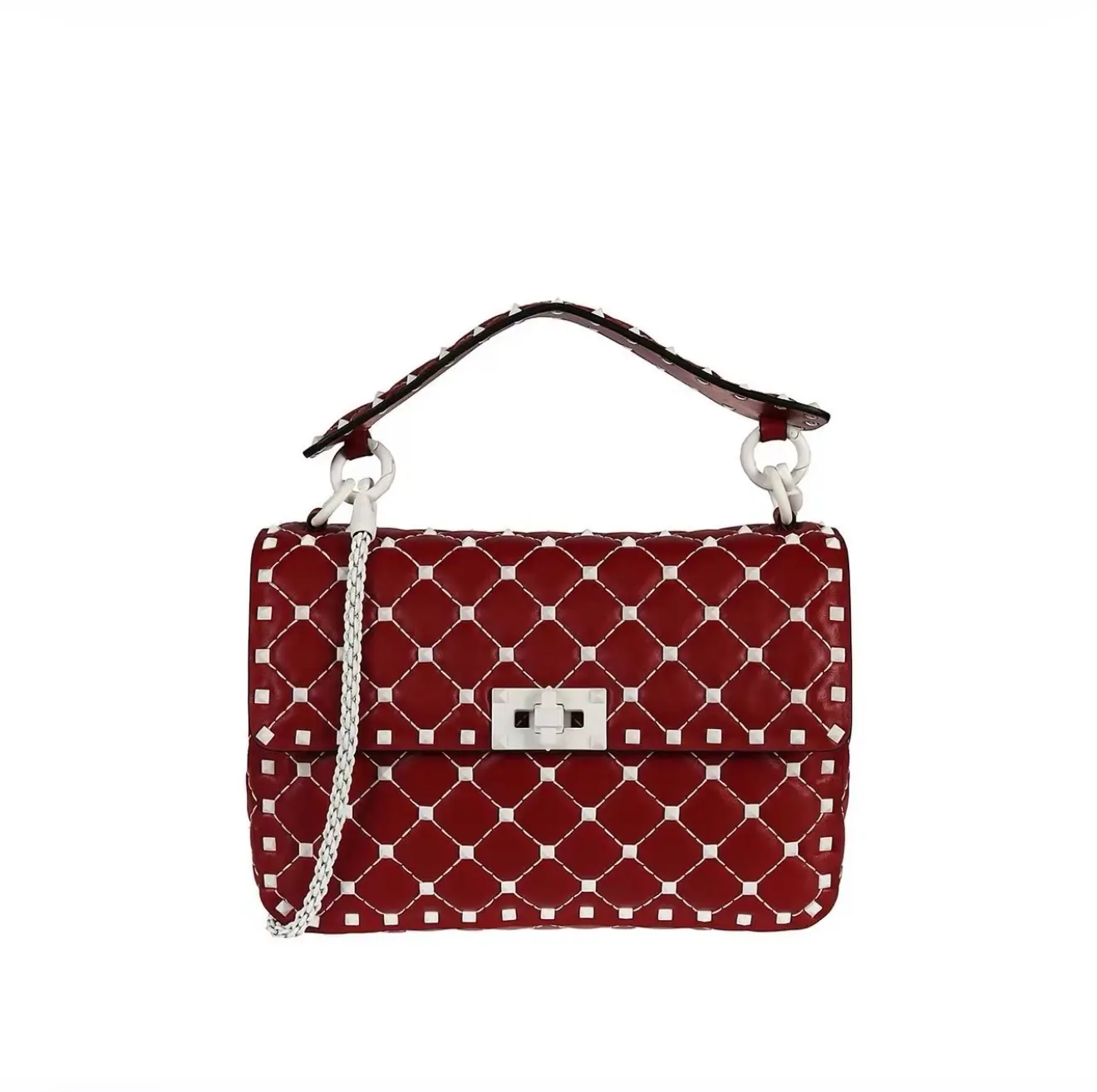 Pre-owned Valentino Medium Rockstud Red Leather Handbag With Top Handle, White Studs, Chain Strap, Very Good Condition (Pre Loved Luggage & Bags Category)