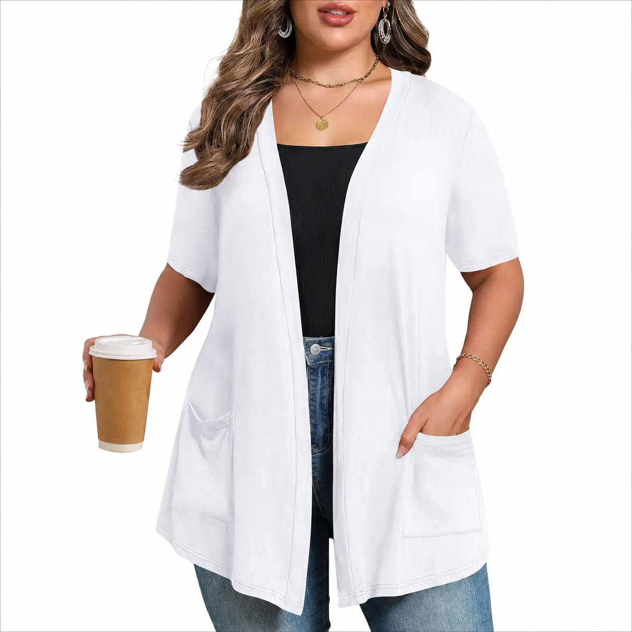 Women's Plus Size Kimono Cardigan, Lightweight Open Front Knitwear in Soft Stretchy Fabric with Long Sleeves and Pockets, Breathable, Casual, Cardigan For Women, Valentines Day, 2Xl, Chic, Everyday