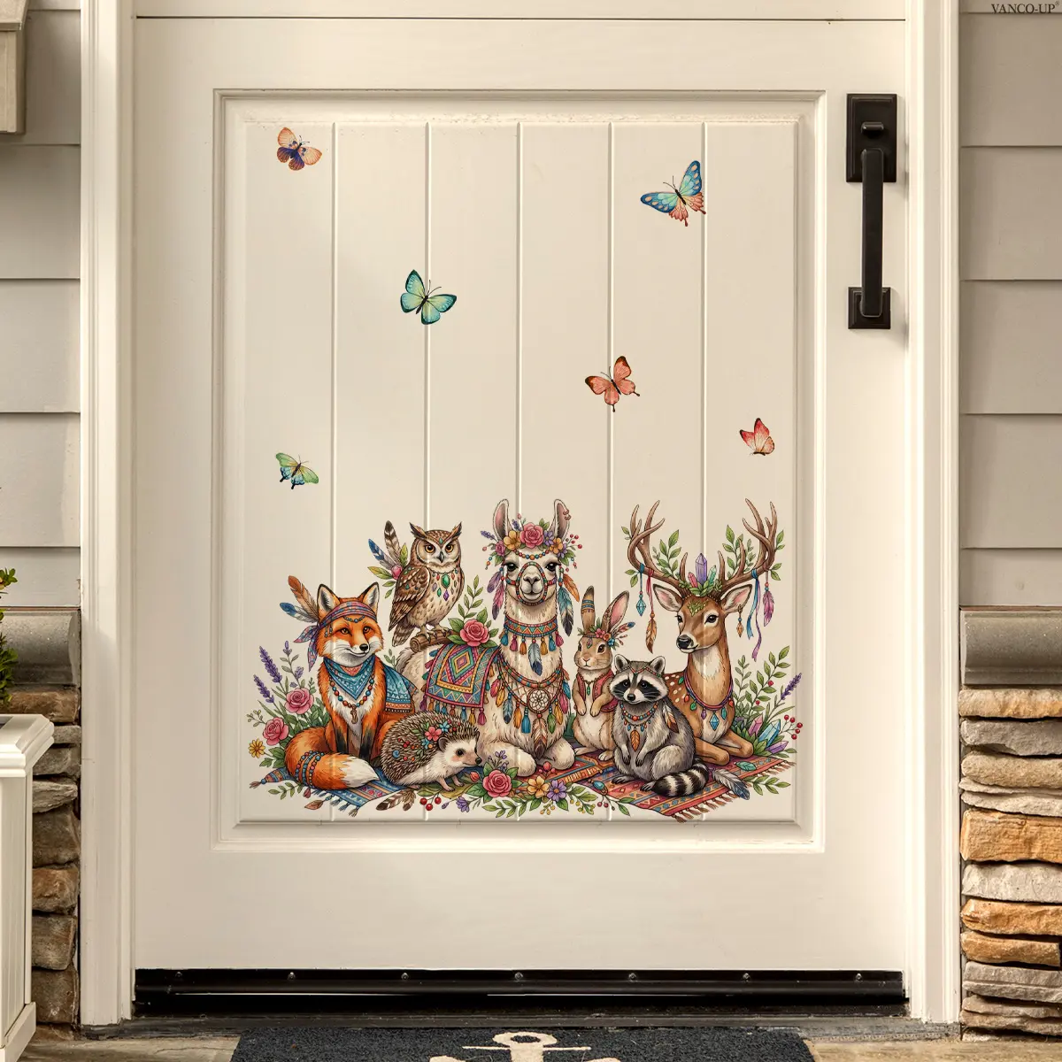 1Pc (30*50cm) Colorful Bohemian Forest Animal Self-Adhesive Wall Sticker, Alpaca Fox Decor for Home Bedroom